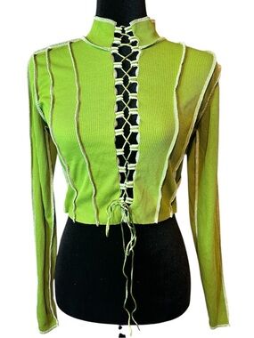 PRETTY GARBAGE Lace-Up Ribbed Long Sleeve Crop Top